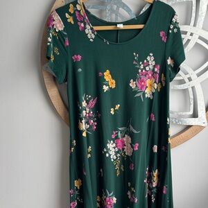 Old Navy Forest Green Floral Midi Dress with Pink & Yellow Blooms